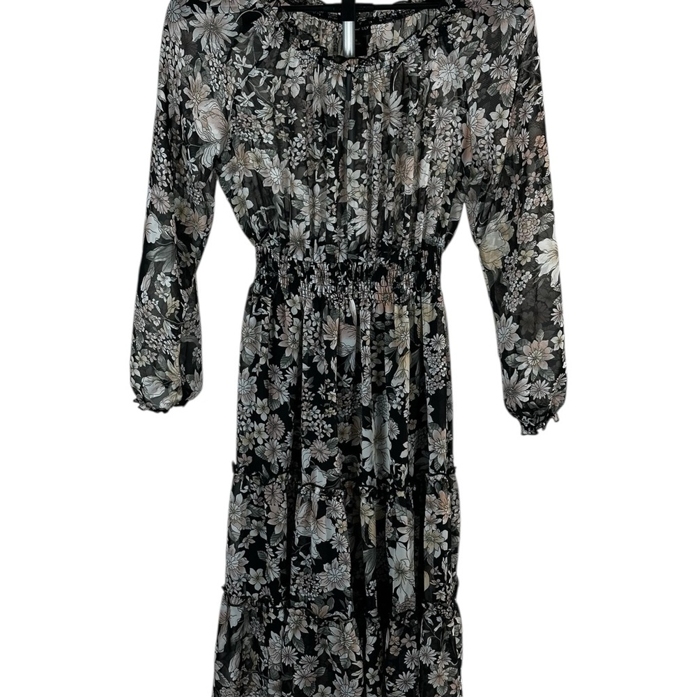 Kate & Lily Sheer Floral Smocked Midi Dress – Dark Romantic Cottagecore (Size 6)